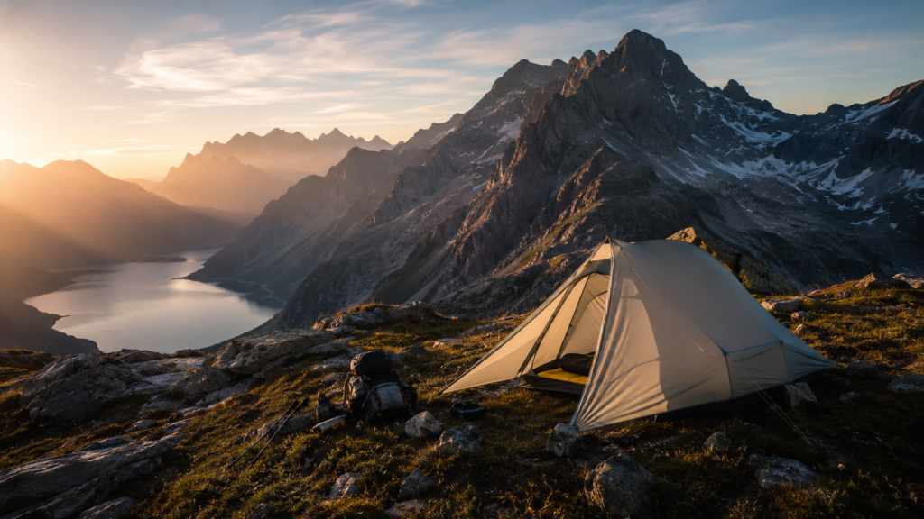 Small backpacking tent in the mountains for one or two hikers