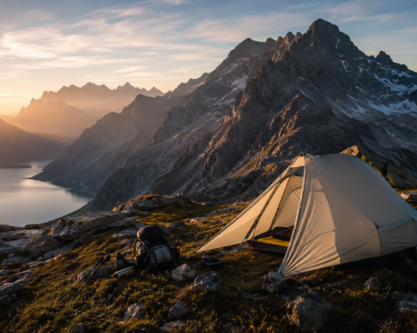 Small backpacking tent in the mountains for one or two hikers